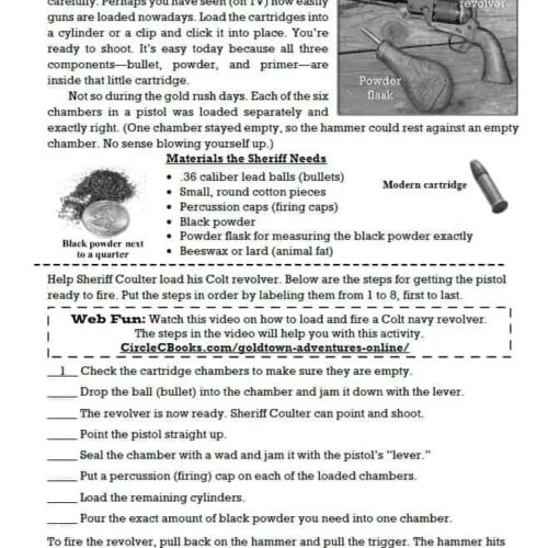 Loaded revolver with black powder and modern cartridge, black powder flask, and step-by-step instructions for loading a 1860s Colt navy revolver for homeschool history lessons.