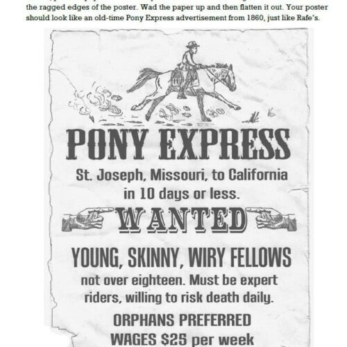 Adorable vintage Pony Express poster for homeschooling history projects, featuring early American postal service imagery, perfect for educational resources on 1800s American history and homeschooling activities.