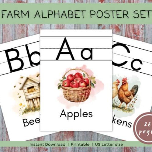 Bright watercolor farm alphabet posters for homeschooling, featuring animal and fruit illustrations to teach letter recognition and phonics effectively.