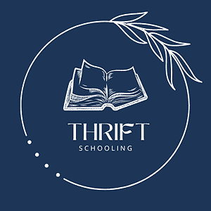 cropped-Thrift-Schooling-1-6-1.png Open book illustration with "Thrift Schooling" text on dark blue background for homeschool resources and affordable curriculum ideas.