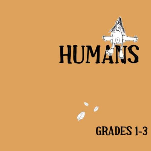 Cute hand-drawn human figure with "Humans" text for grades 1-3, ideal for homeschooling resources and educational materials in early childhood science and social studies.