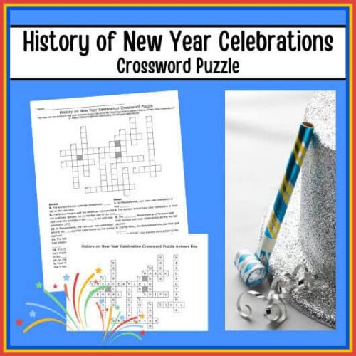 History of New Year Celebrations crossword puzzle for homeschool education, printable activity for kids and students.