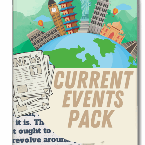 Big Ben, Tower of Pisa, Statue of Liberty, and Taj Mahal illustrated on a globe highlighting world landmarks for homeschool learning about current world events and geography.