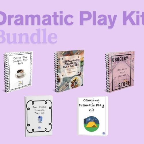 dramatic play bundle Colorful homeschool dramatic play kits bundle for homeschooling, including grocery store, restaurant, coffee shop, camping, and post office themes, perfect for early childhood education.