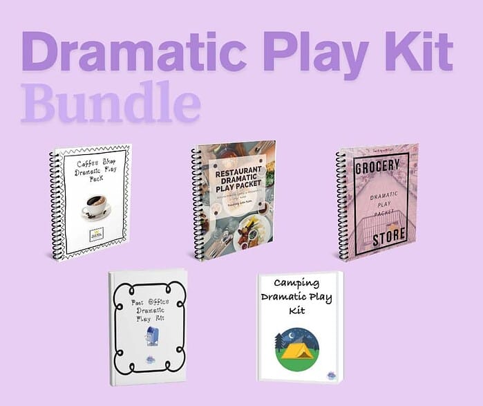 dramatic play bundle Colorful homeschool dramatic play kits bundle for homeschooling, including grocery store, restaurant, coffee shop, camping, and post office themes, perfect for early childhood education.