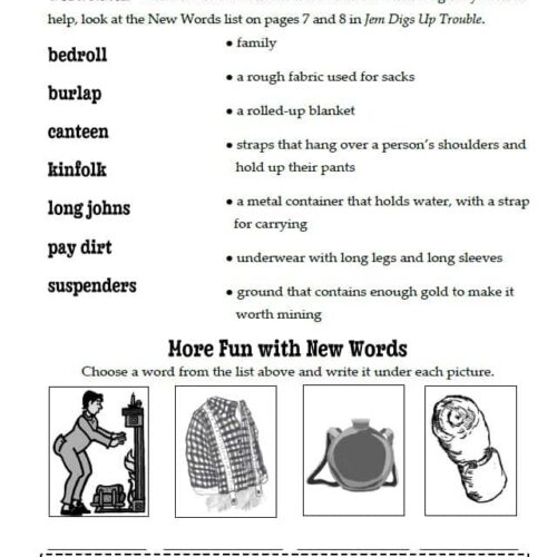 Bedroll, burlap, canteen, kinfolk, long johns, pay dirt, suspenders - fun educational vocabulary for homeschoolers focusing on outdoor and survival words. Perfect for homeschool resource materials.