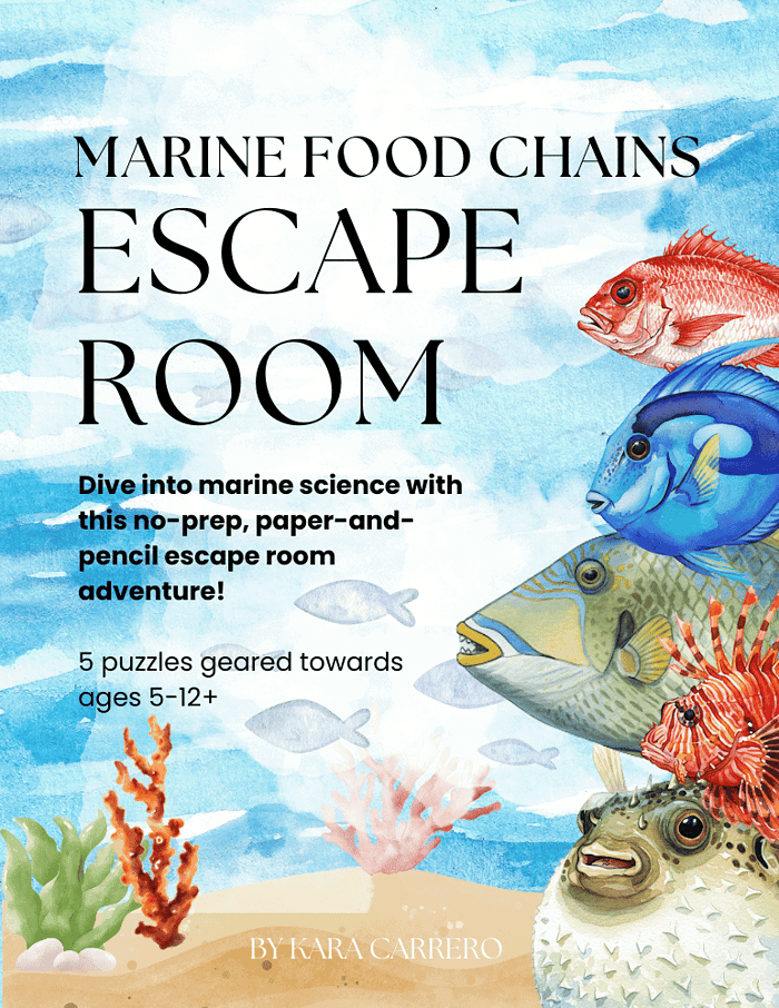 Marine science homeschool activity with paper-and-pencil marine food chains escape room adventure for ages 5-12, featuring underwater ocean creatures and educational puzzles.