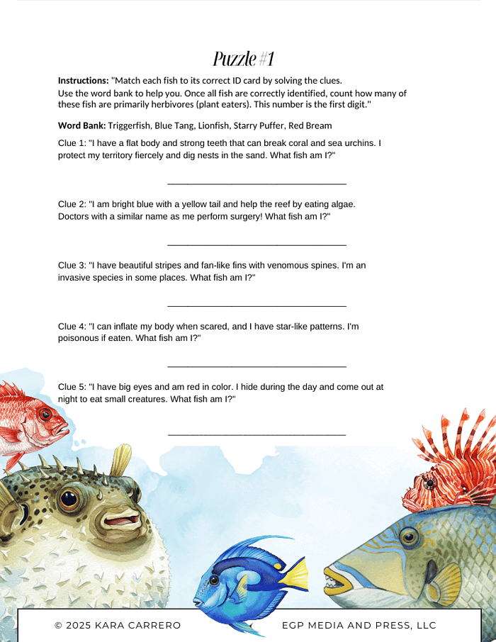 Colorful fish educational worksheet for homeschool science activities with engaging clues about marine life. Perfect for homeschooling resources and preschool to early elementary learning.