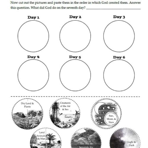 1. Printable homeschool creation activity sheet for six days and six days of creation concepts, perfect for homeschooling science and Bible lessons.