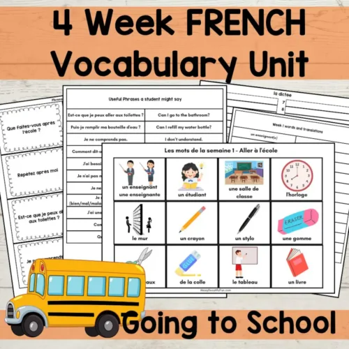 1. French vocabulary unit for homeschoolers, themes include school objects, classroom, time, and helpful phrases for early language learning. Perfect for homeschooling resources.