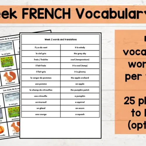 A French vocabulary educational resource featuring a 4-week unit with 48 words, 25 optional phrases, and printable worksheets for homeschool language learning.