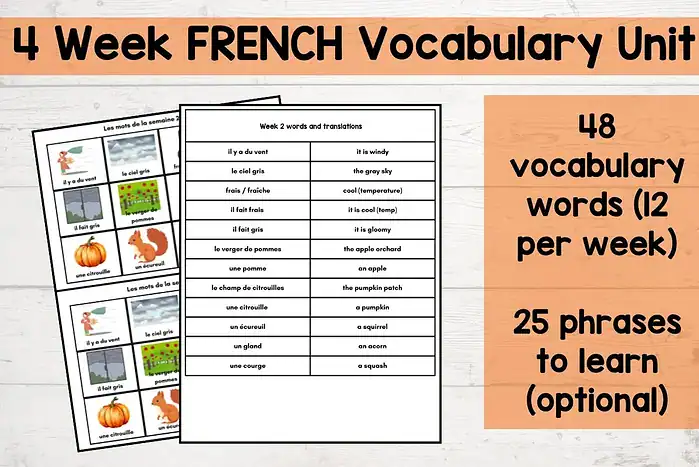 french vocab fall A French vocabulary educational resource featuring a 4-week unit with 48 words, 25 optional phrases, and printable worksheets for homeschool language learning.