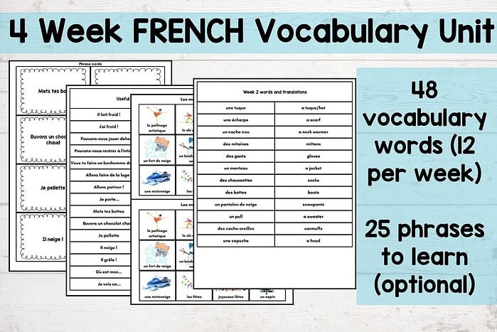 french vocablary 1. French vocabulary unit for homeschool with 48 words, 25 phrases, and visual flashcards for effective language learning.