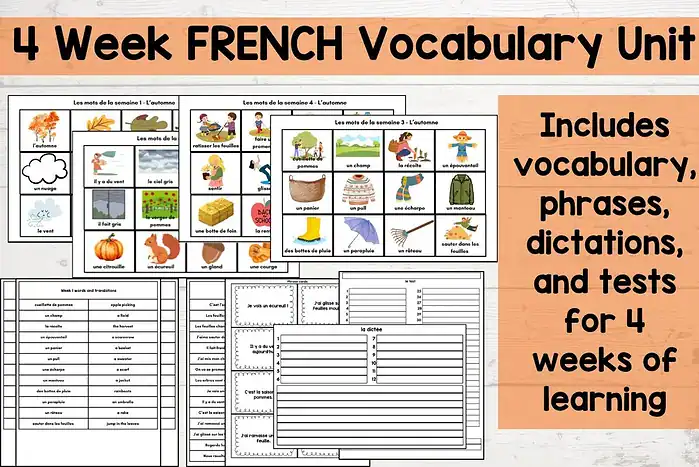 french vocabulary fall 1. French vocabulary unit for homeschooling, includes flashcards, phrases, dictations, tests, and word translation activities for 4 weeks of learning.
