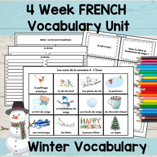 A French winter vocabulary unit with flashcards, worksheets, and translation practice for homeschooling, focusing on seasonal winter words and holiday expressions. Perfect for language learners.