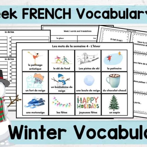 1. Bright winter-themed French vocabulary unit for homeschooling, including words like snowman, ski, and holiday phrases, ideal for immersive language learning.