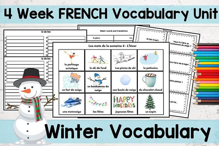 french winter fsl 1. Bright winter-themed French vocabulary unit for homeschooling, including words like snowman, ski, and holiday phrases, ideal for immersive language learning.