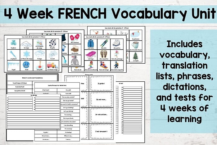french winter words fsl 1. French vocabulary unit for homeschool, includes lists, phrases, dictations, and tests for 4 weeks of language learning.