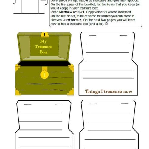 A fun educational activity for homeschooling kids to create a treasure box, list treasures, and learn Bible verses, perfect for Bible-based homeschool curriculum.