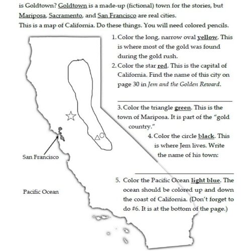 Childrens educational map activity for learning California geography, perfect for homeschooling kids to identify cities and natural features.