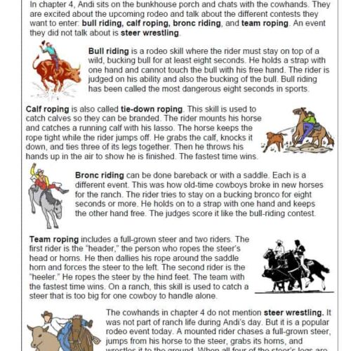 Rodeo events, including bull riding, calf roping, bronc riding, and team roping, illustrated with colorful drawings, showcase cowboy skills and rodeo competitions for homeschool learning resources.