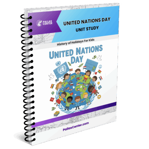 Children celebrating United Nations Day, holding flags from various countries, with educational materials on a colorful book cover for homeschooling and classroom activities.