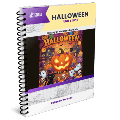 Bright Halloween-themed educational resource with pumpkin graphic, spooky characters, and vibrant colors for homeschool kids studying holidays and history.