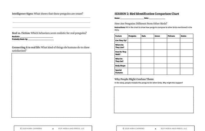 novel-study-Mr-Poppers-Penguins.png Bird identification chart for homeschool science activities, comparing penguins, owls, geese, pelicans, and dodos with features and differences, perfect for homeschool science resources and bird study.