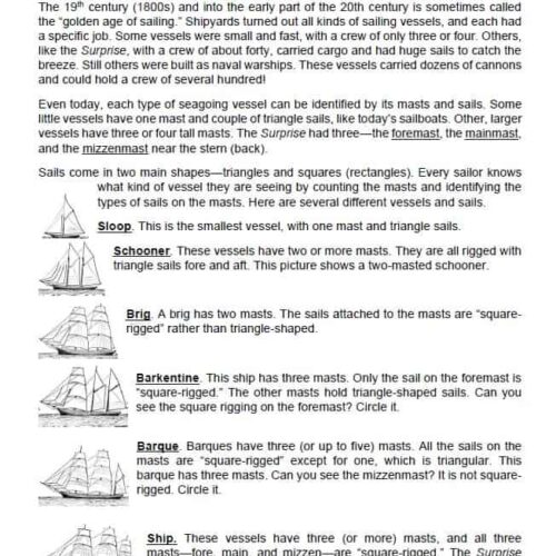 Sailing ship diagrams for homeschool science lessons, featuring different types of vessels like sloops, schooners, brigs, barkentines, and ships, perfect for educational homeschooling resources.