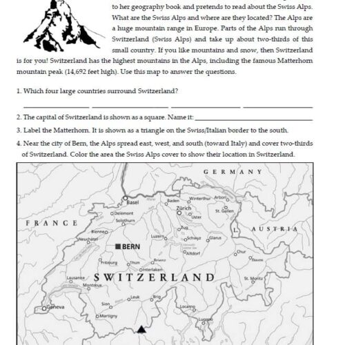 Switzerland map with Bern highlighted, showing the Swiss Alps and neighboring countries for geography education and homeschooling resources.