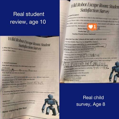 photo-output-scaled-1.jpeg Enjoyable homeschool science and escape room student survey for age 8, featuring puzzles and feedback on the Wild Robot escape room experience, promoting engaging educational activities.