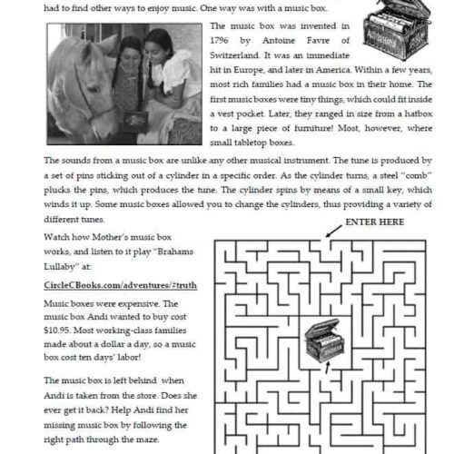 Music box activity for homeschool learning about historical entertainment and sound production, featuring maze puzzle and educational content for children.