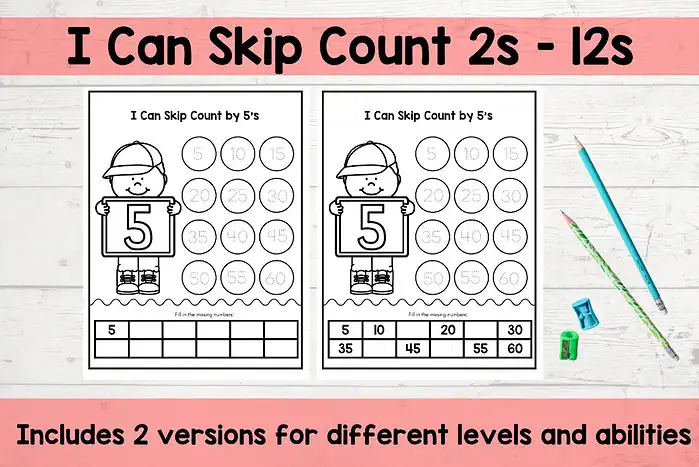 skip counting worksheets Skip count by 5s math worksheet, educational printable for homeschoolers, featuring engaging skip counting activities for early learners, includes 2 versions for different skill levels.