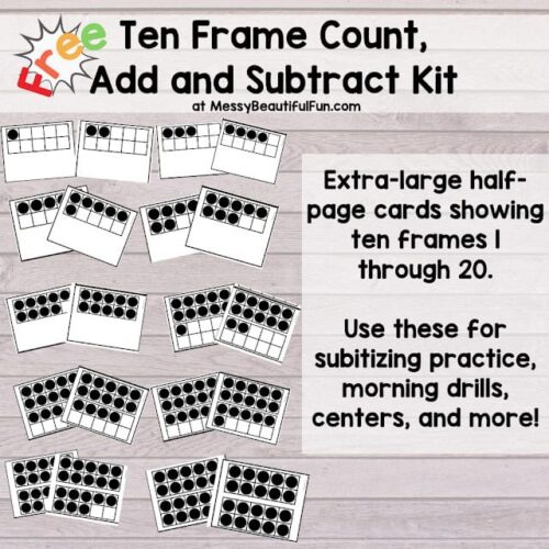 Ten frame count add and subtract kit for homeschool educational activities, perfect for subitizing practice and morning drills, includes extra-large half-page cards showing ten frames 1-20.