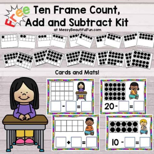 1. Free homeschool counting and math activity kit featuring ten frame addition and subtraction with printable cards and mats for early math skills.