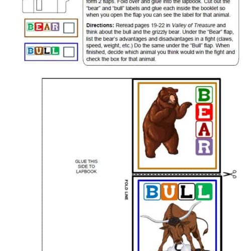 Bear activity printable for homeschooling, educational bear and bull cut-and-glue worksheet, homeschool resources for kids learning about animals and battles of strength, vocabulary, preschool to elementary science.
