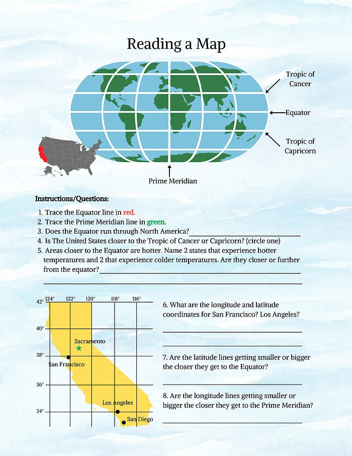 10 1. Map reading educational worksheet showing the equator, prime meridian, and world geography for homeschool learning.