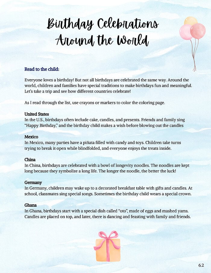 103 Celebration-themed homeschool educational worksheet with international birthday traditions, cultural awareness, and engaging activities for homeschooling families, ideal for Teaching Resources and homeschool lesson plans.