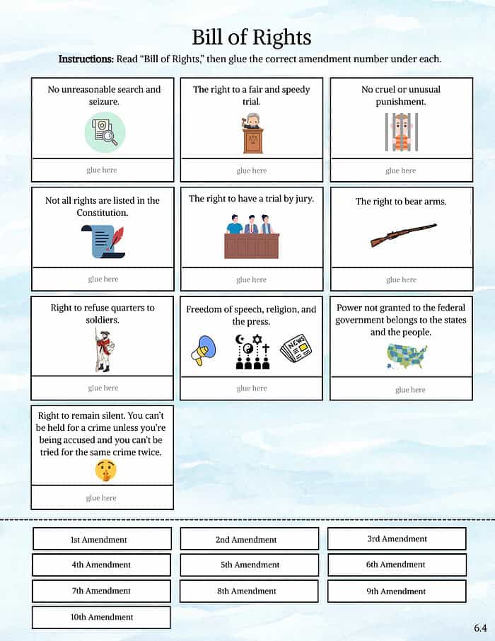 Early American History- Bill of Rights 1. Printable homeschooling resource for learning about the Bill of Rights, amendments, and U.S. Constitution with engaging visuals and interactive activities.