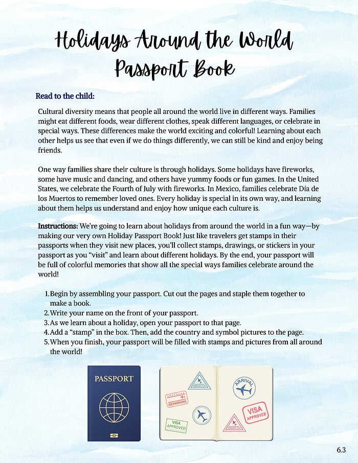 106 Students engaging in homeschool curriculum activities focused on holidays around the world, featuring a colorful passport book for interactive learning about global traditions and cultures.