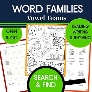 Vowel Team Word Family Search & Find Activities include Rhyming & Copywork