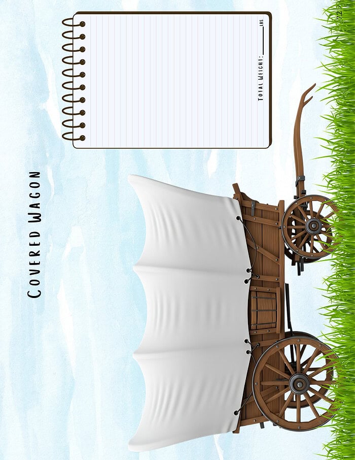Early American History- Westward Expansion Aerial view of a vintage wooden covered wagon with white canopy set against a grassy field, illustrating homeschool outdoor learning activities and educational resources for homeschooling families.
