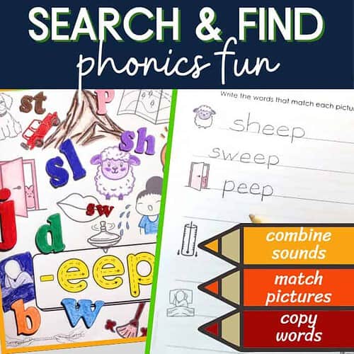Search and find phonics activities for homeschooling, colorful alphabet practice, matching pictures to words, literacy games, essential educational resources for kids.