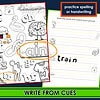 14 An educational worksheet focused on practicing spelling and handwriting of the word "train" with visual cues for homeschool learning.