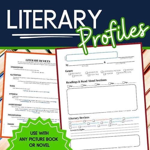 Literary Profiles main thumbnail Literary Profiles with example pages of the main student page and a secondary example of literary devices. Product may be used with any novel or picture book.