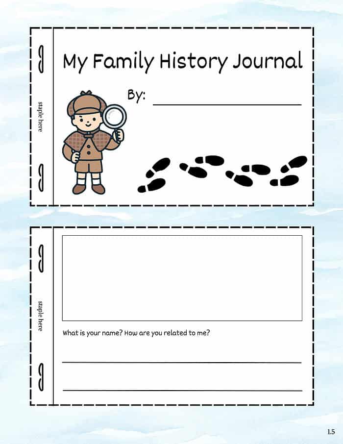 20 A kid dressed as a detective with a magnifying glass, designed for a homeschool family history journal, encouraging family heritage exploration and educational activities.