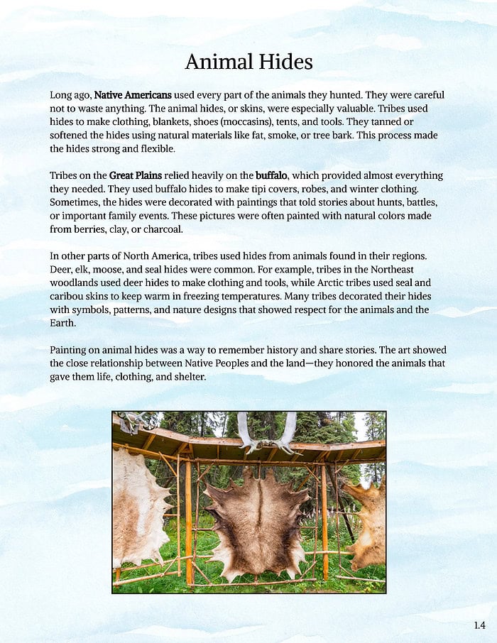 Early American History- Native Americans Animal Hides 1. Native American animal hides used for clothing, blankets, and tools, showcasing traditional hunting and crafting techniques.