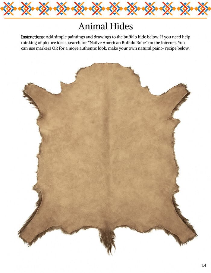 Early American History- Native Americans Animal Hides Project A Native American buffalo hide used for educational homeschool activities and craft projects, featuring simple paintings and drawings to inspire creativity in homeschooling students.