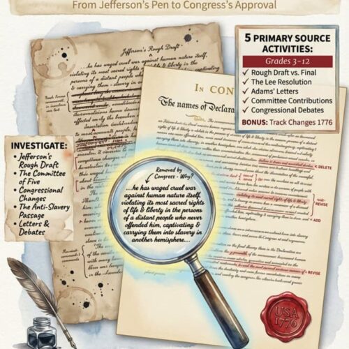 1. Primary source investigation activity for grades 3-12 focusing on drafting the Declaration of Independence, revolutionary history, and government literacy.