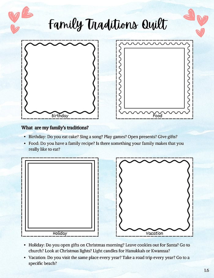 26 Family traditions quilt activity for homeschooling, family values, holiday celebrations, vacation planning, educational printables for homeschool curricula, family bonding activities.